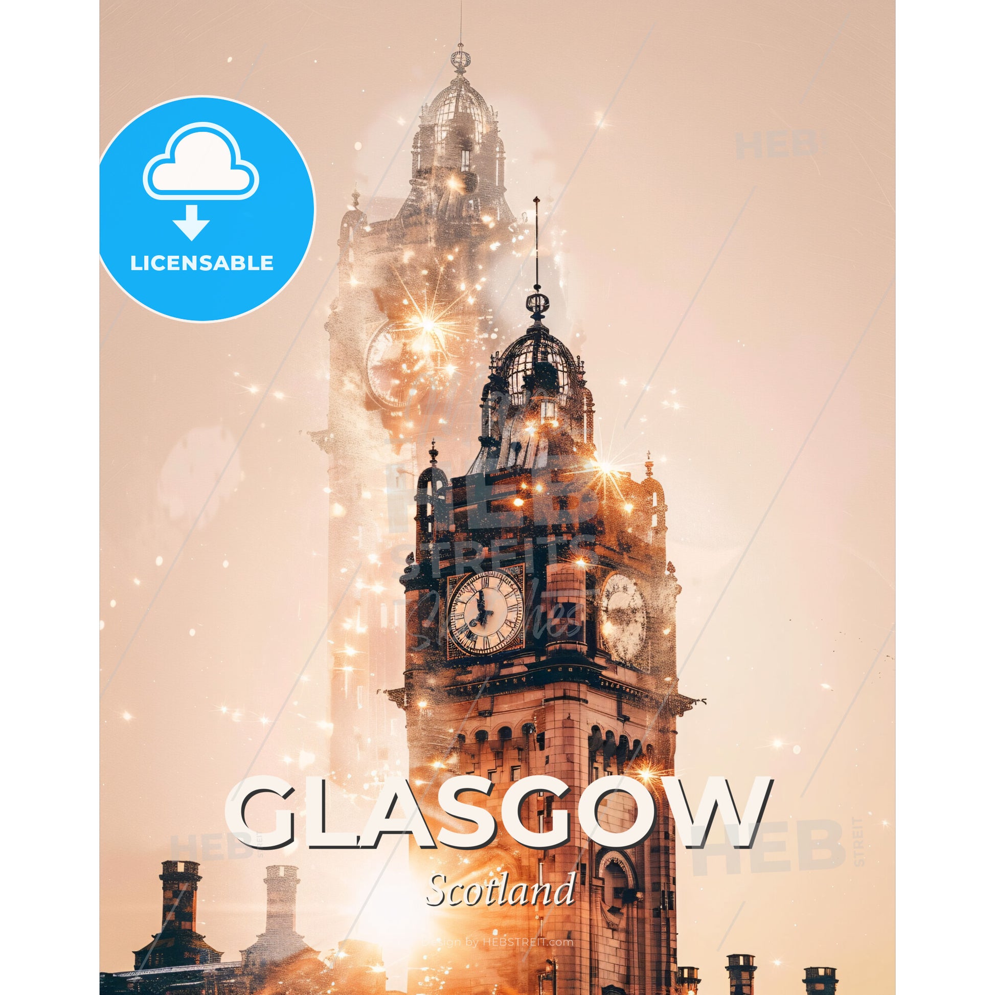 Glasgow City Dreamscape: Skyline and Icons Poster - A clock tower with a large clock in the middle - Square format print template