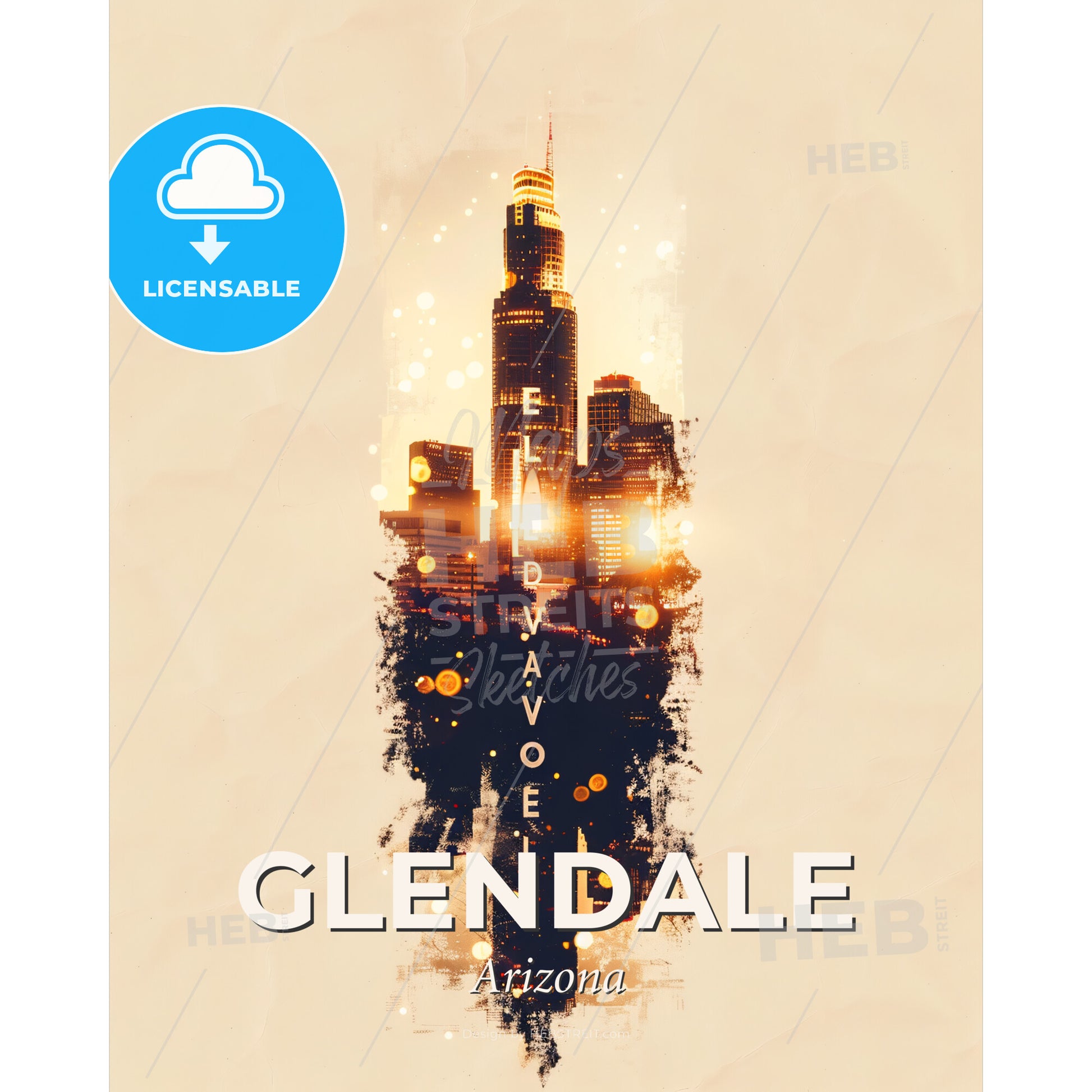 Glendale Lightscapes: Beige Architecture Art - A city skyline with lights - Square format print template