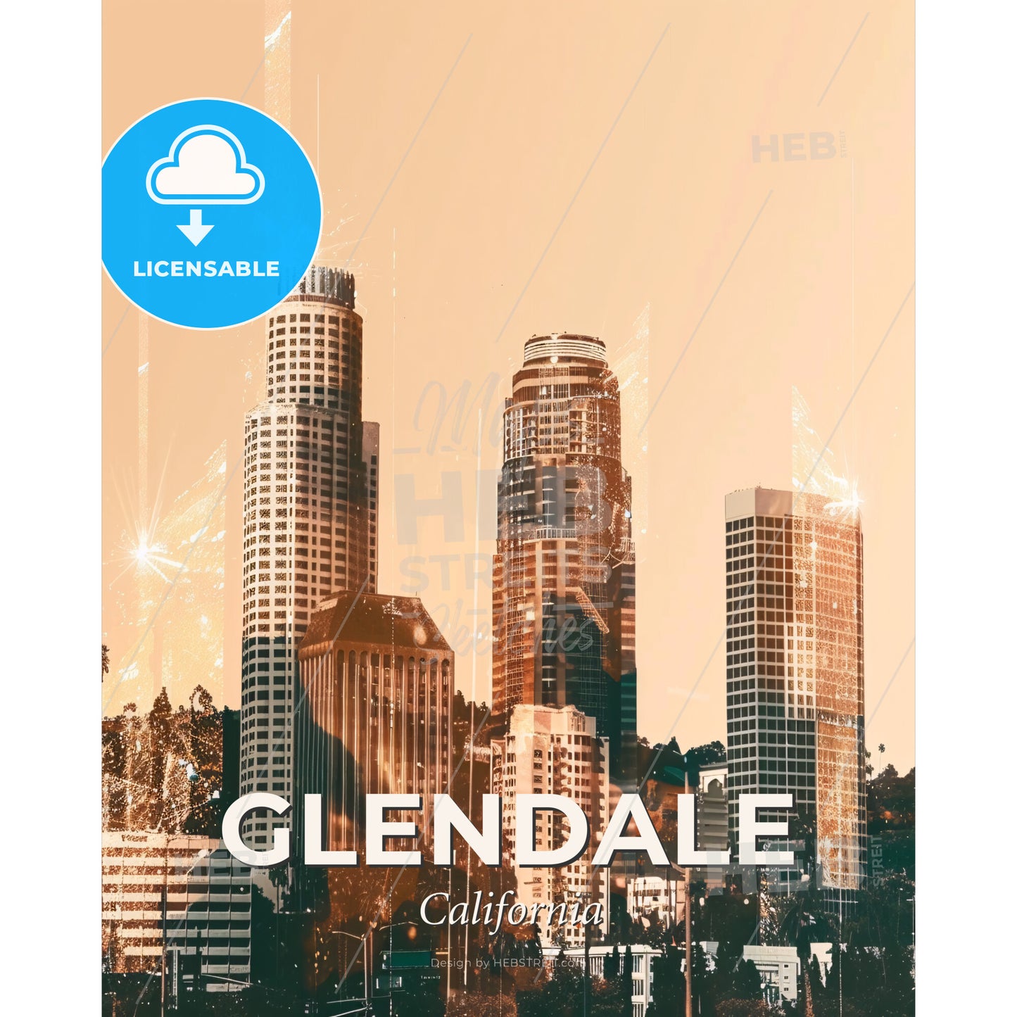 Glendale City Skyline Double Exposure Art Poster - A city skyline with many tall buildings - Square format print template