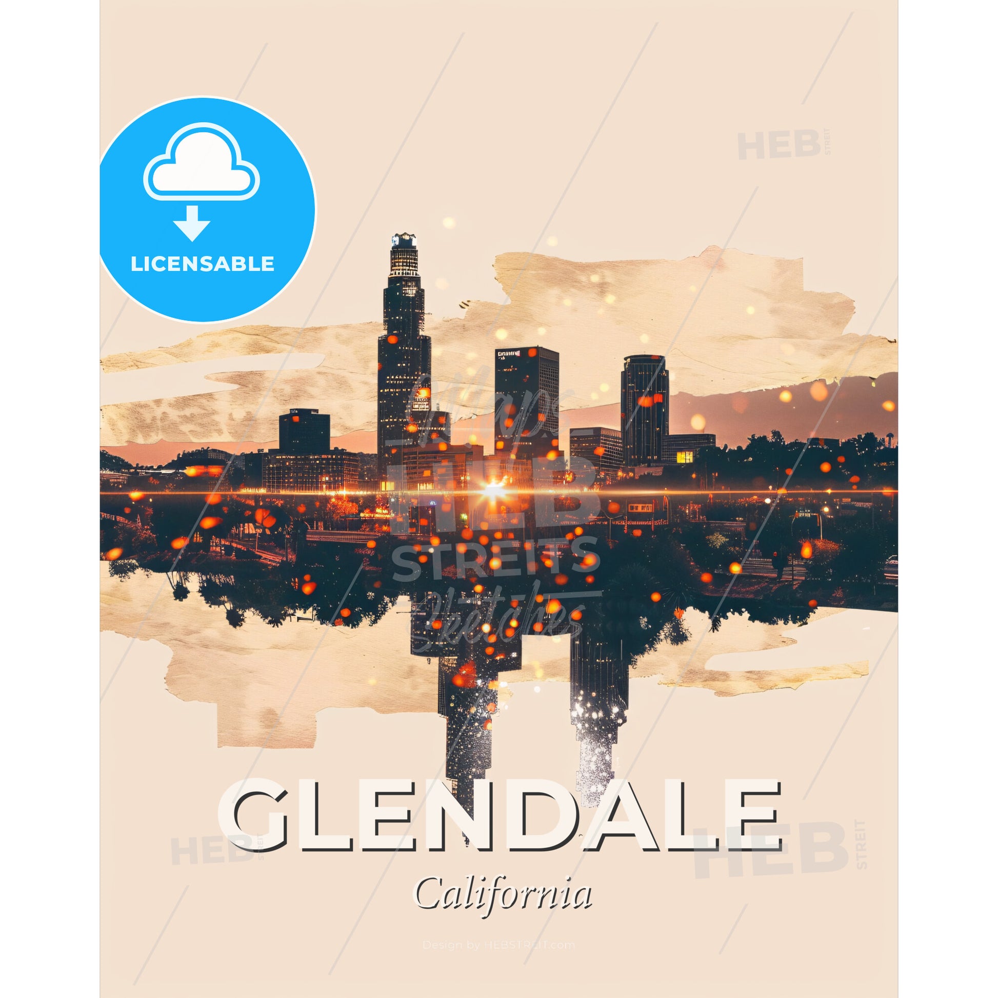 Glendale City Skyline Composite Art - A city skyline with lights reflecting on water - Square format print template