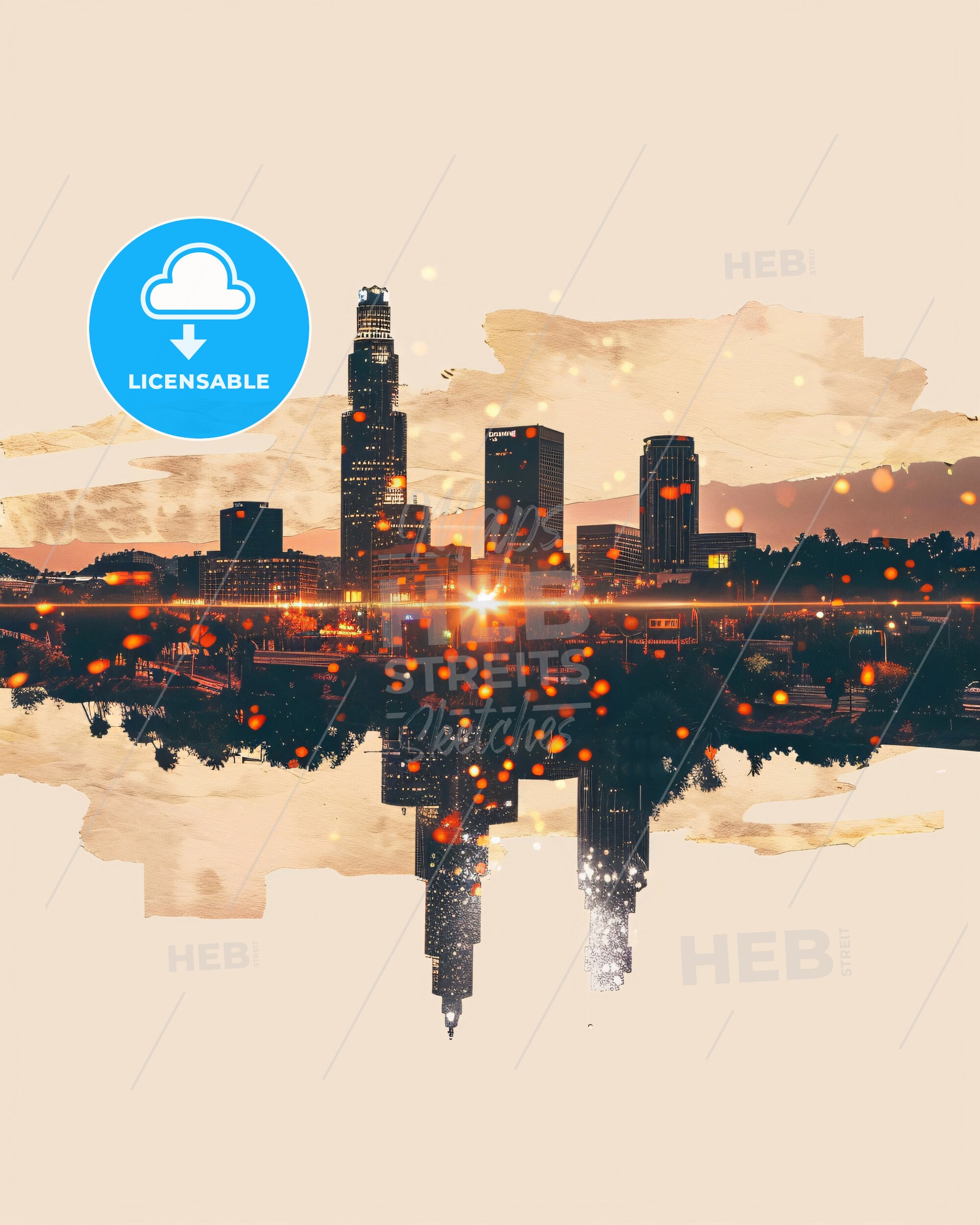 Glendale City Skyline Composite Art - A city skyline with lights reflecting on water