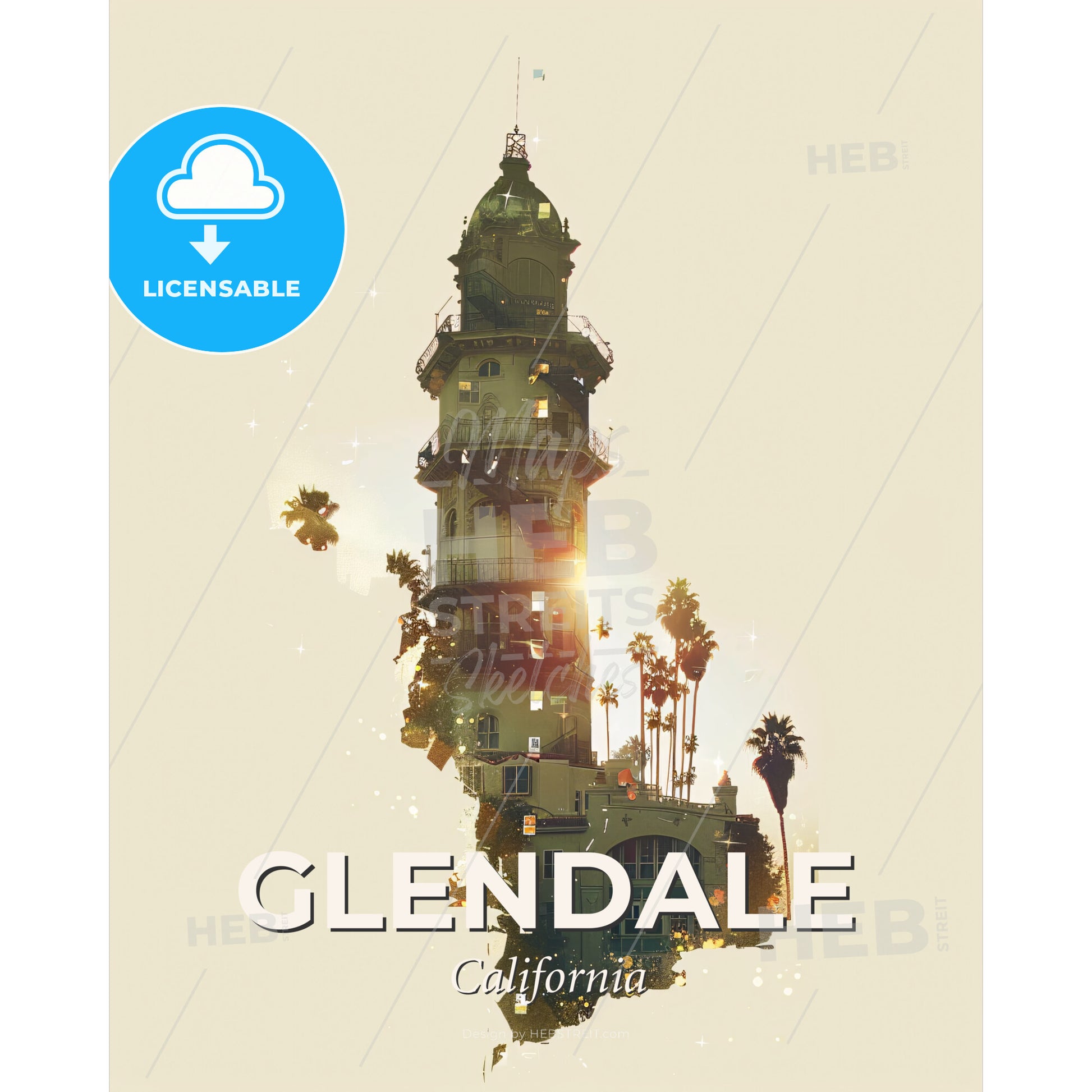 Glendale City Skyline Double Exposure Poster Art - A building with trees and a light shining through it - Square format print template