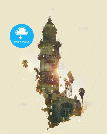 Glendale City Skyline Double Exposure Poster Art - A building with trees and a light shining through it