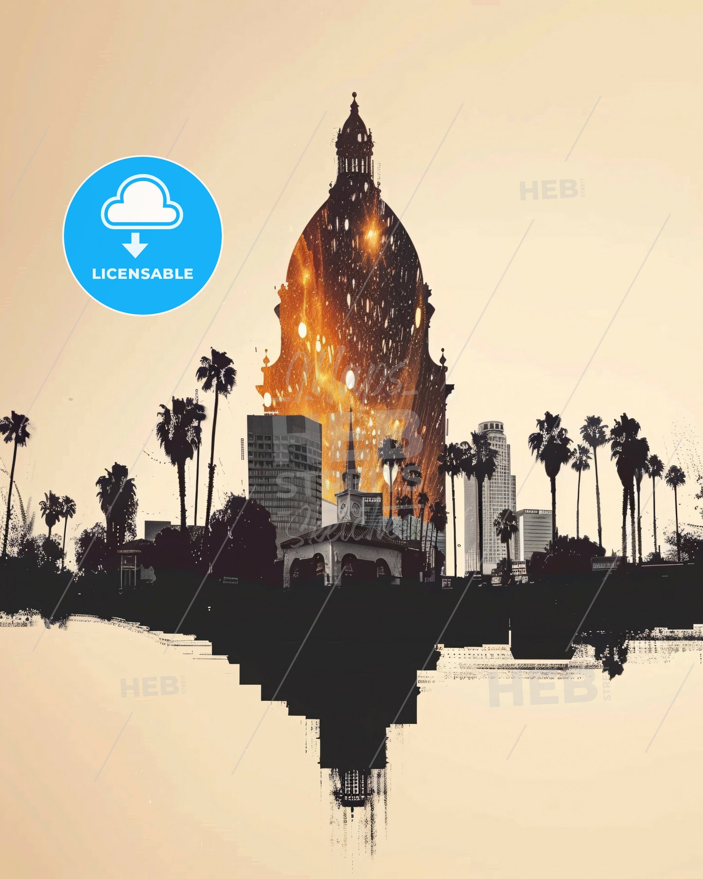 Glendale City Skyline Double Exposure Art - A building on fire in front of a city