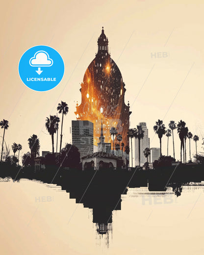 Glendale City Skyline Double Exposure Art - A building on fire in front of a city