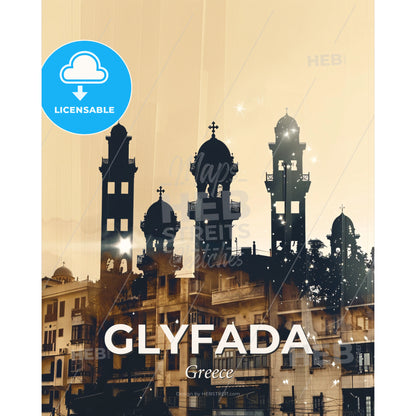 Glyfada City Silhouette Panoramic View Beige - A group of buildings with towers - Square format print template