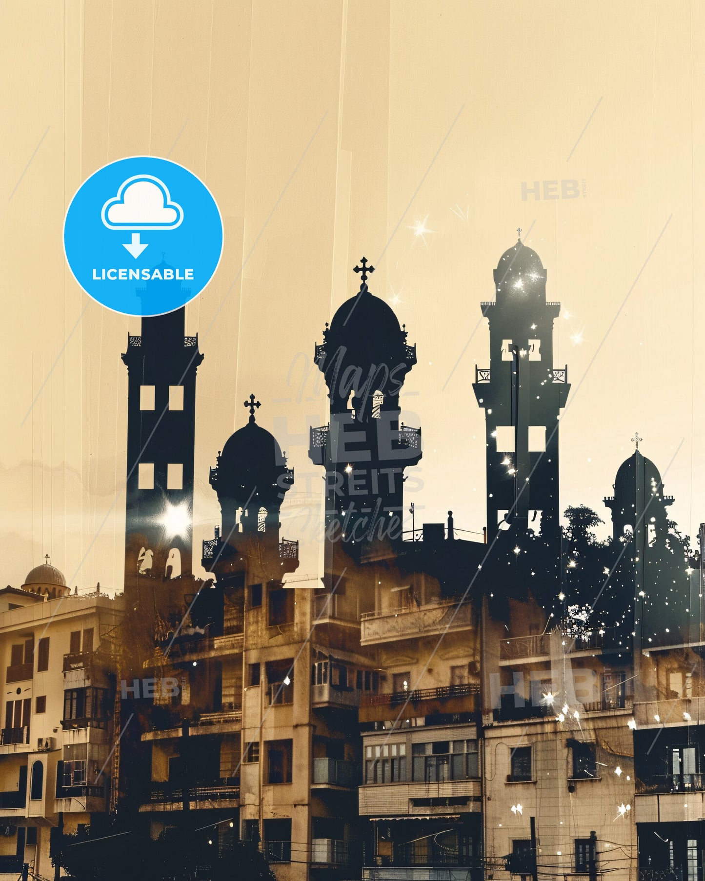 Glyfada City Silhouette Panoramic View Beige - A group of buildings with towers