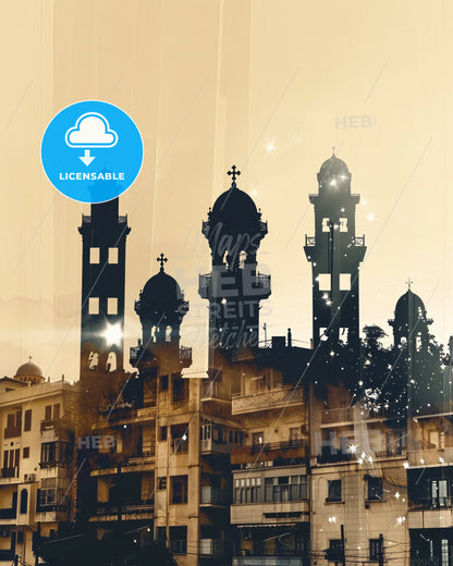 Glyfada City Silhouette Panoramic View Beige - A group of buildings with towers