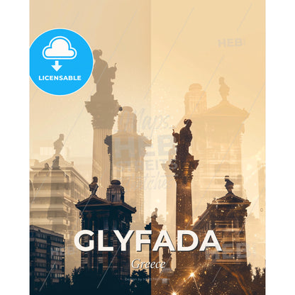Glyfada Greece City Skyline Double Exposure Composite Art - A double exposure of a city with statues - Square format print template