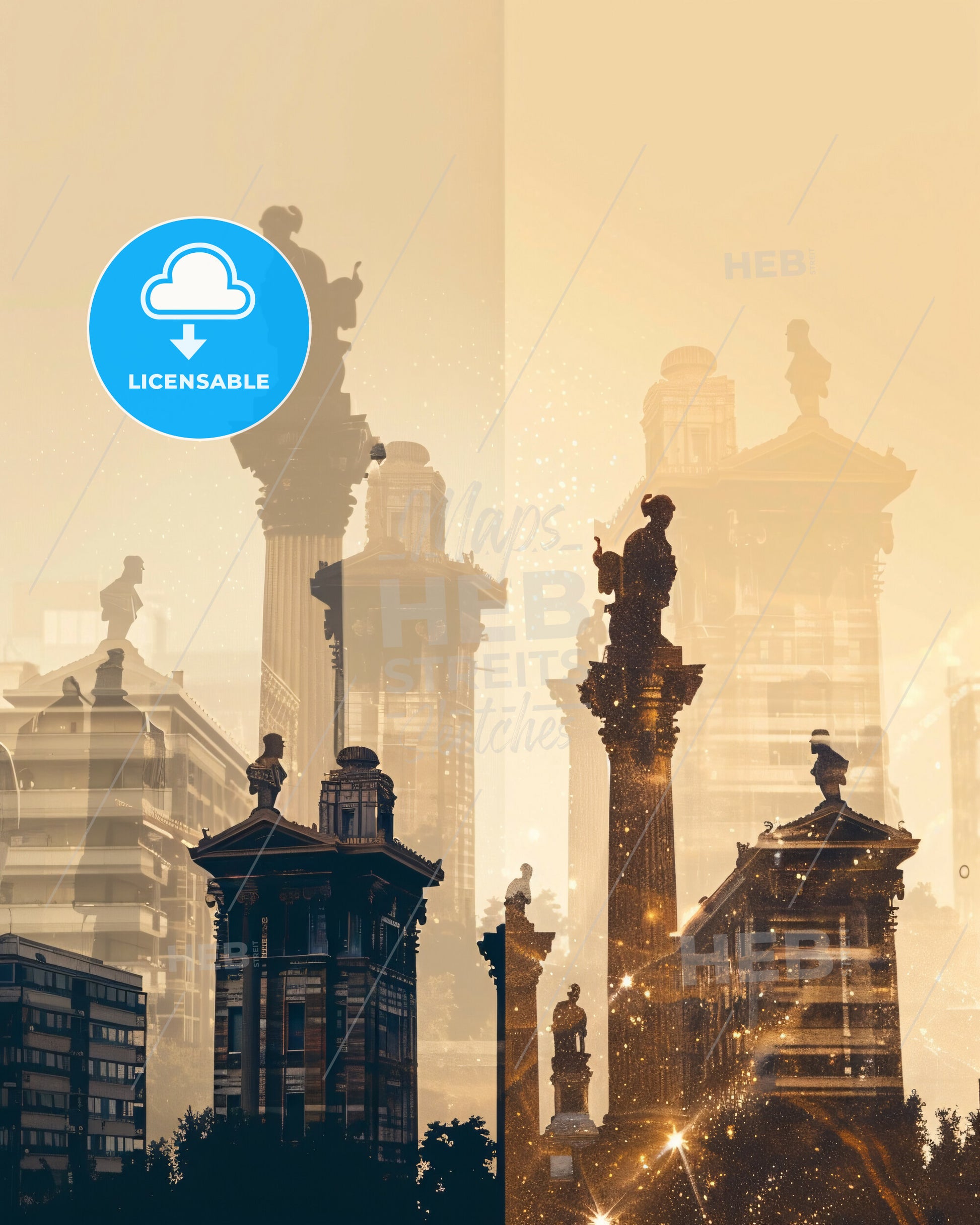 Glyfada Greece City Skyline Double Exposure Composite Art - A double exposure of a city with statues