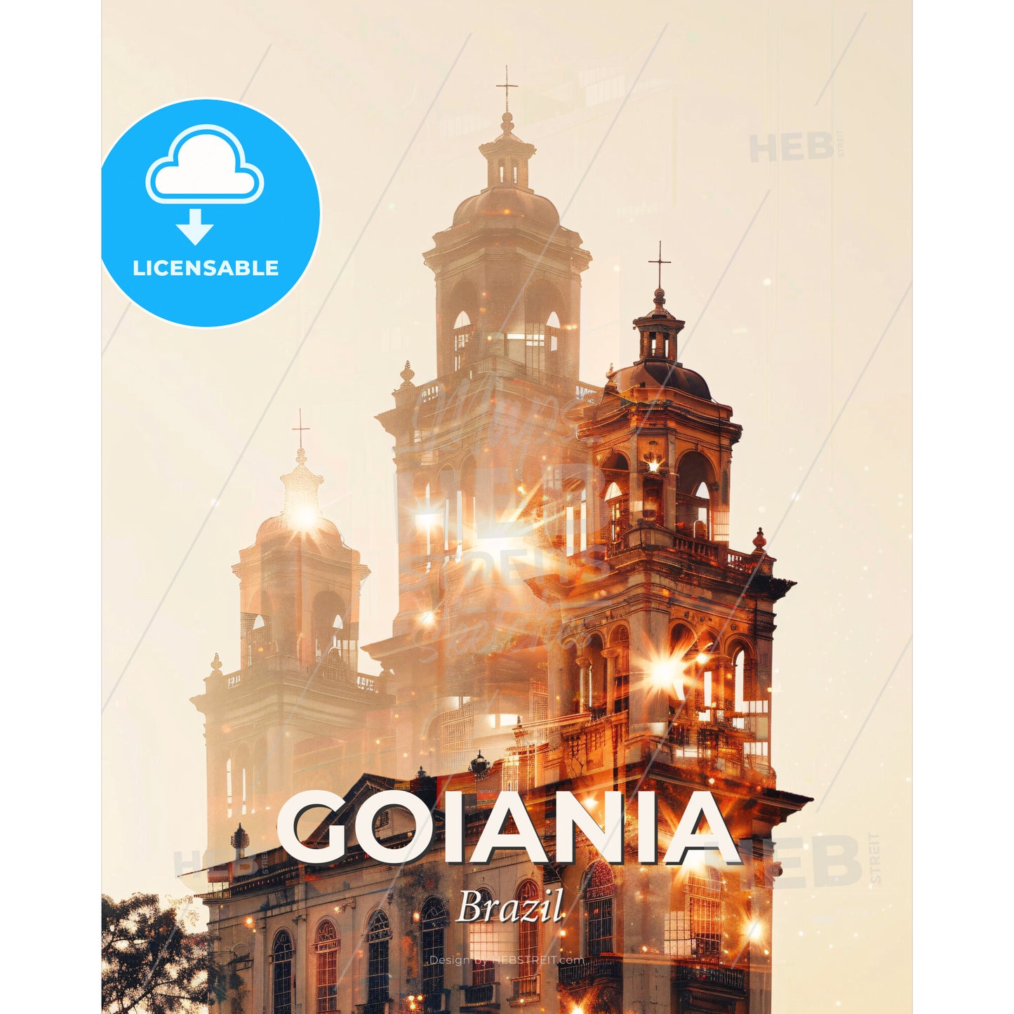 Goiania Skyline Double Exposure Composite Art Poster - A building with a tower and lights - Square format print template