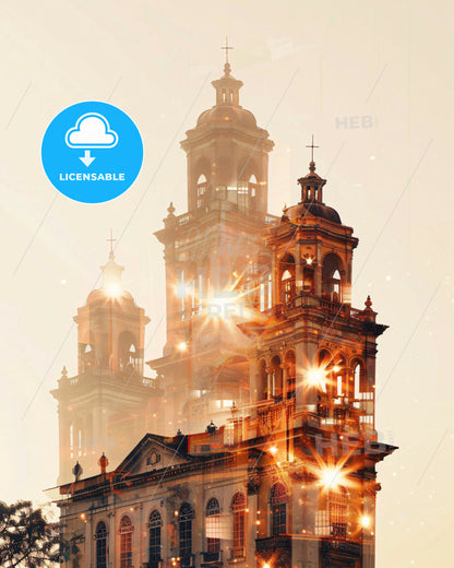 Goiania Skyline Double Exposure Composite Art Poster - A building with a tower and lights