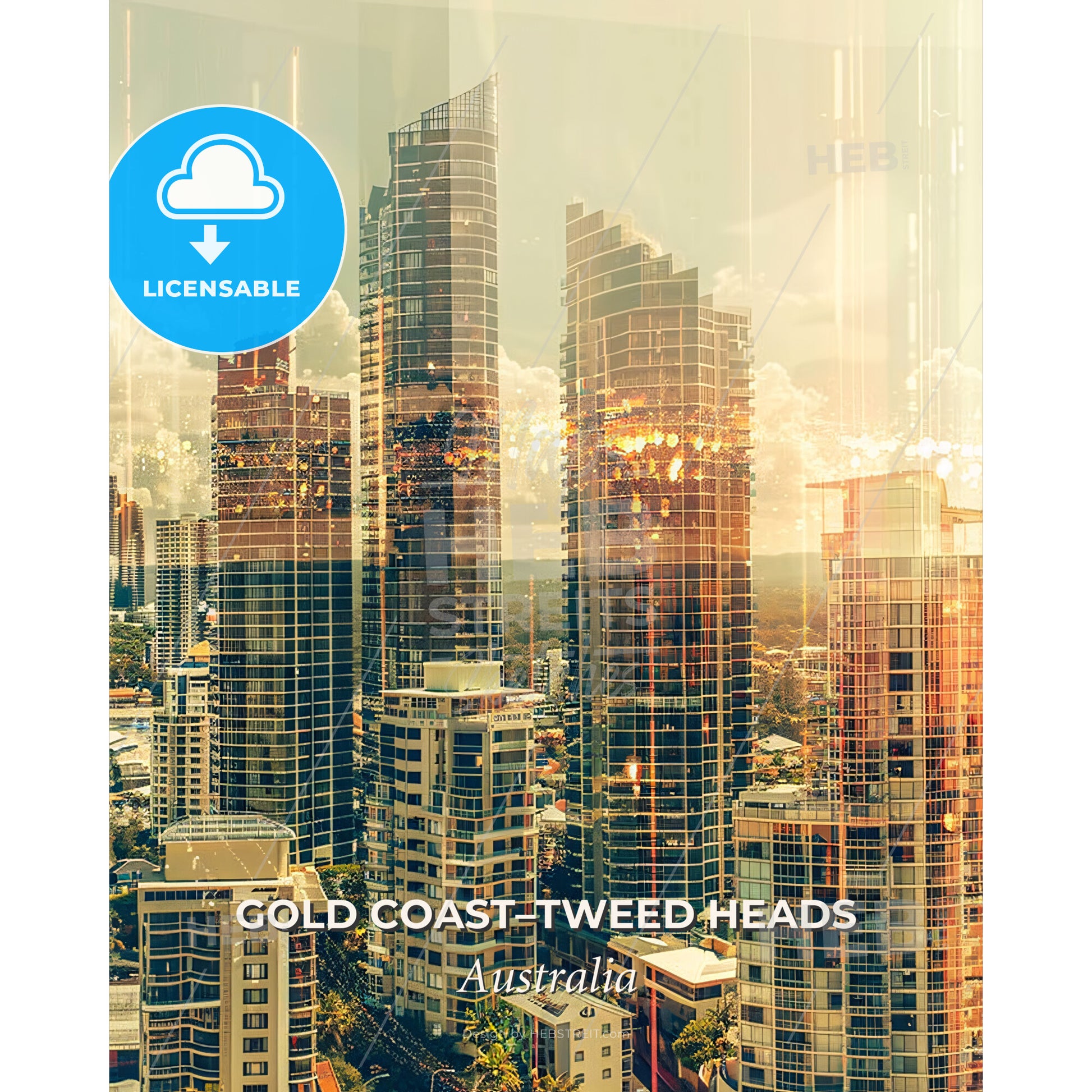 Gold Coast Skyline Double Exposure Poster Art - A city skyline with tall buildings - Square format print template