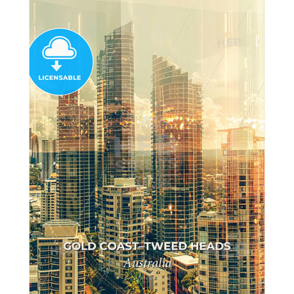 Gold Coast Skyline Double Exposure Poster Art - A city skyline with tall buildings - Square format print template