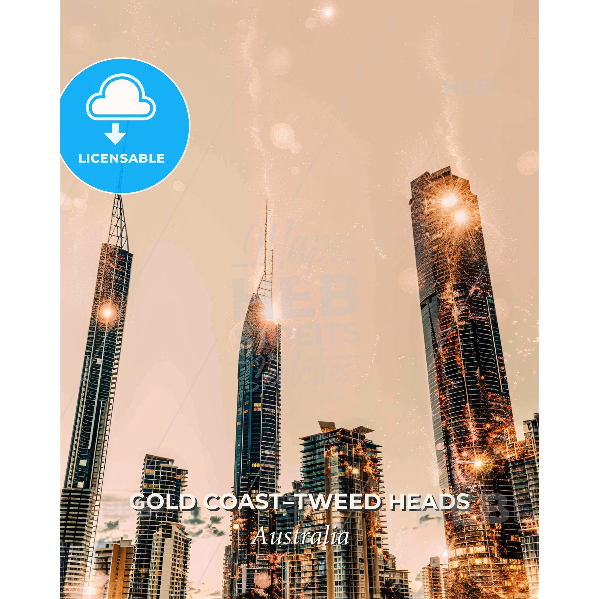 Gold Coast Skyline Architecture Art Poster - A group of tall buildings with fireworks - Square format print template