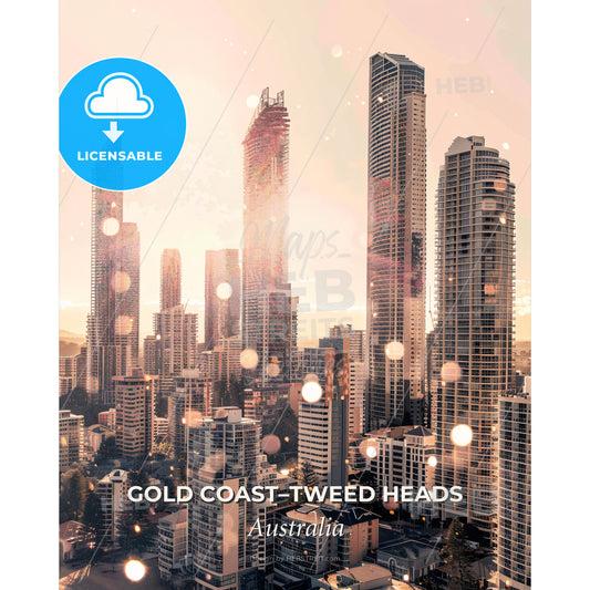 Gold Coastâ€“Tweed Heads Skyline Poster Art - A city skyline with many tall buildings - Square format print template