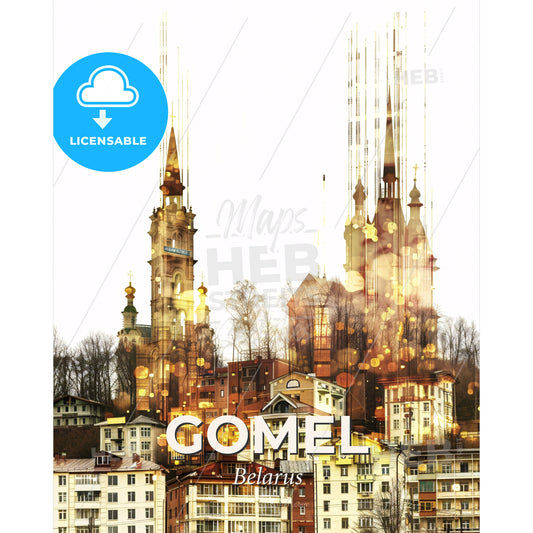 Gomel Skyline Composite Art Poster Bright Beige Blisters - A city with many buildings - Square format print template