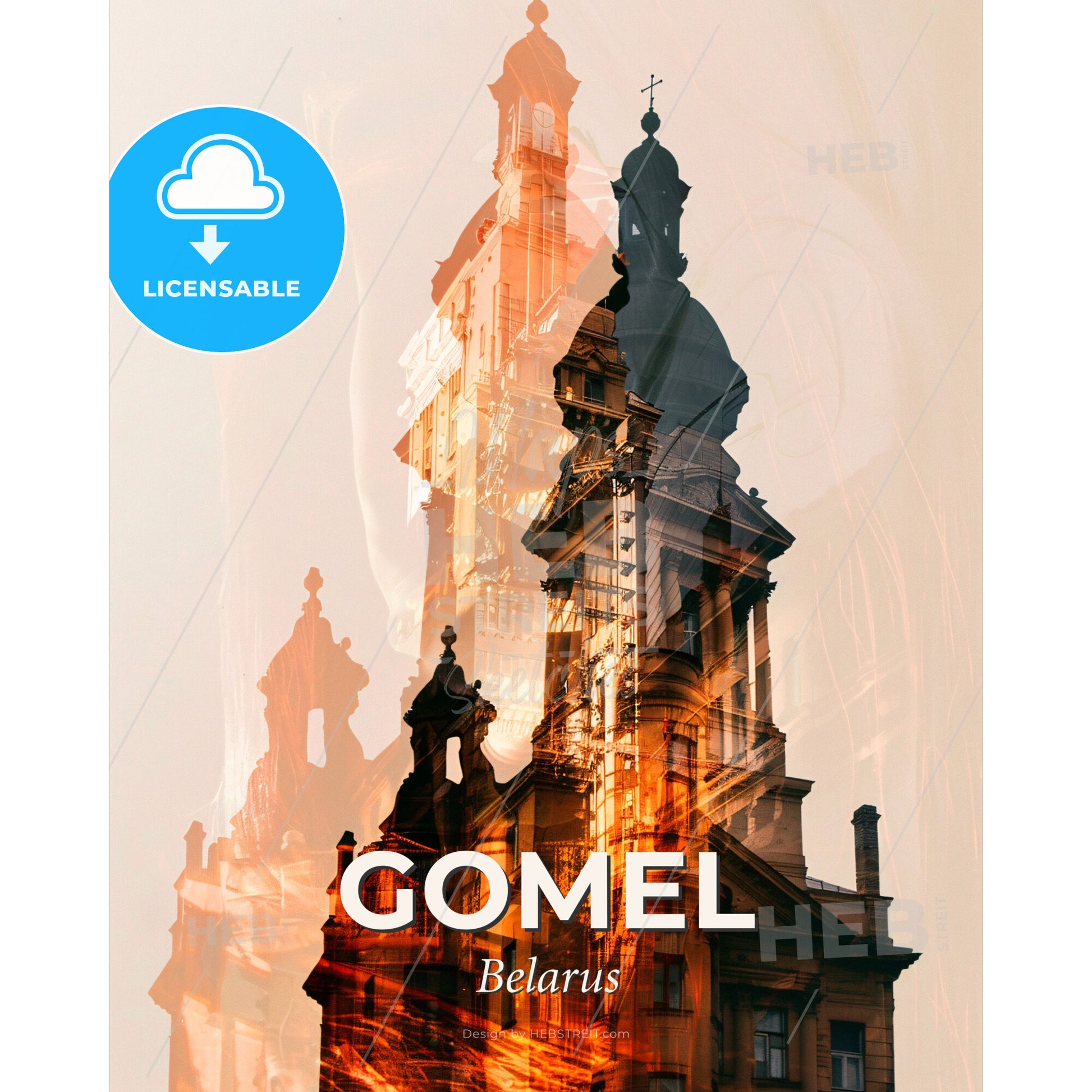 Gomel Cityscape with Blisters Bright Beige Poster - A double exposure of a building - Square format print template