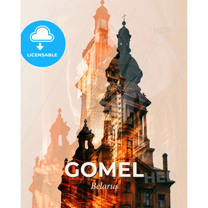 Gomel Cityscape with Blisters Bright Beige Poster - A double exposure of a building - Square format print template