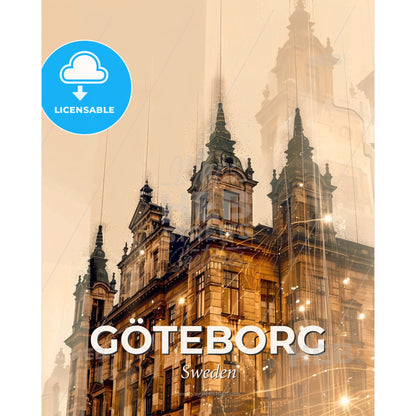 Gothenburg City Skyline Double Exposure Print - A building with towers and lights - Square format print template