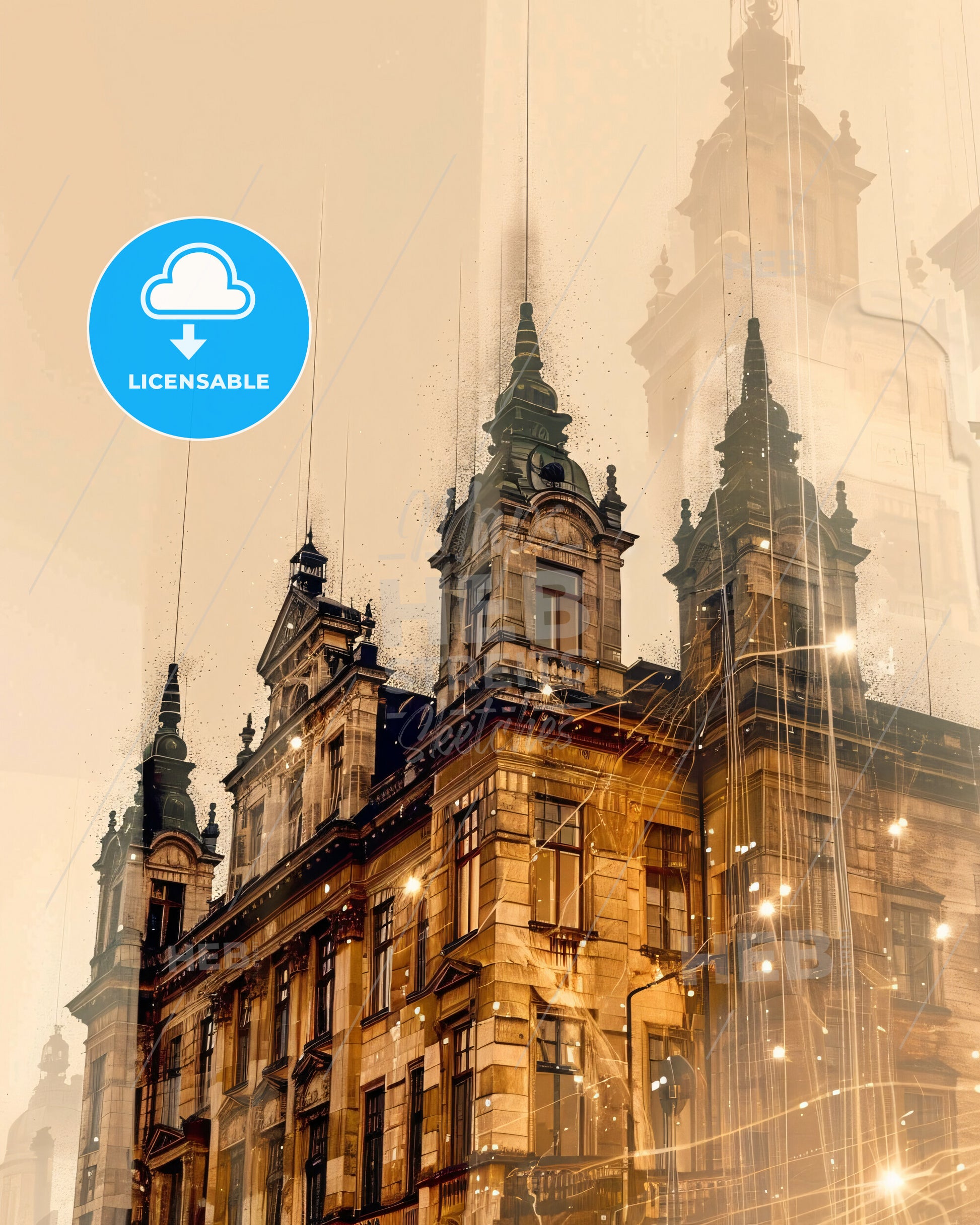 Gothenburg City Skyline Double Exposure Print - A building with towers and lights