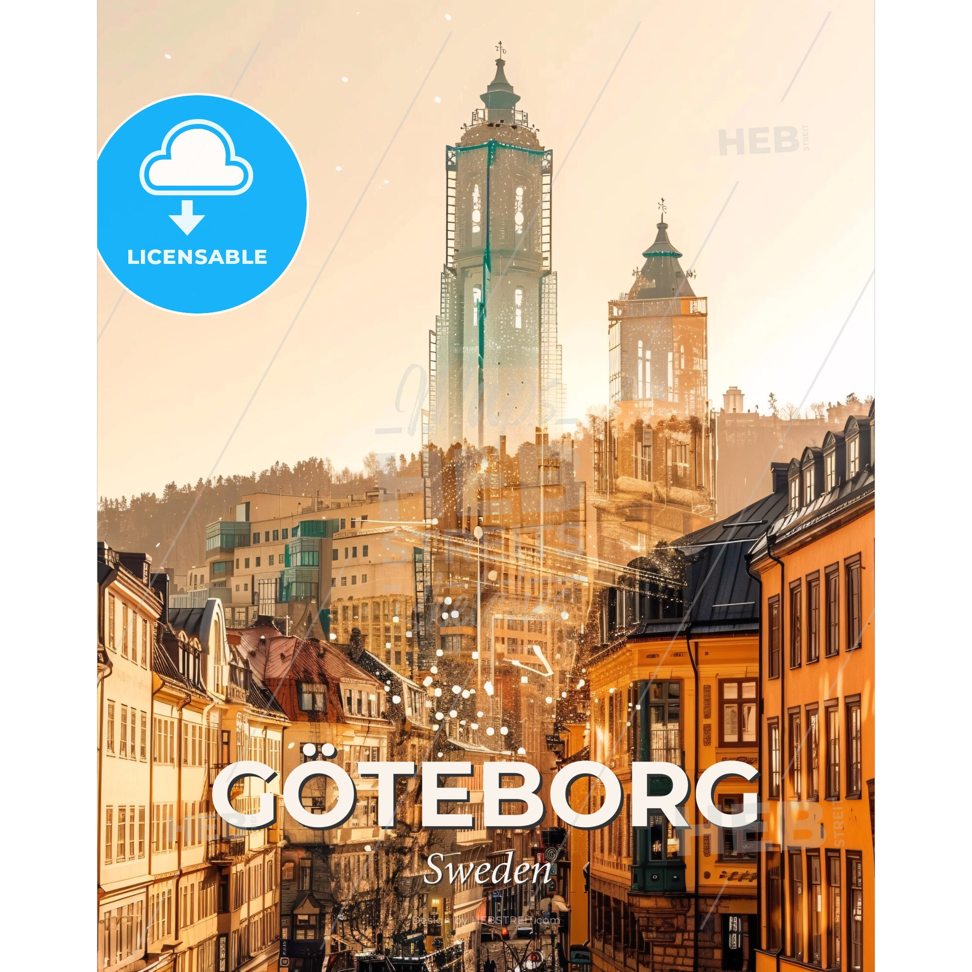 Gothenburg city shimmer dream poster - A city street with buildings and a tall tower - Square format print template