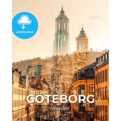 Gothenburg city shimmer dream poster - A city street with buildings and a tall tower - Square format print template
