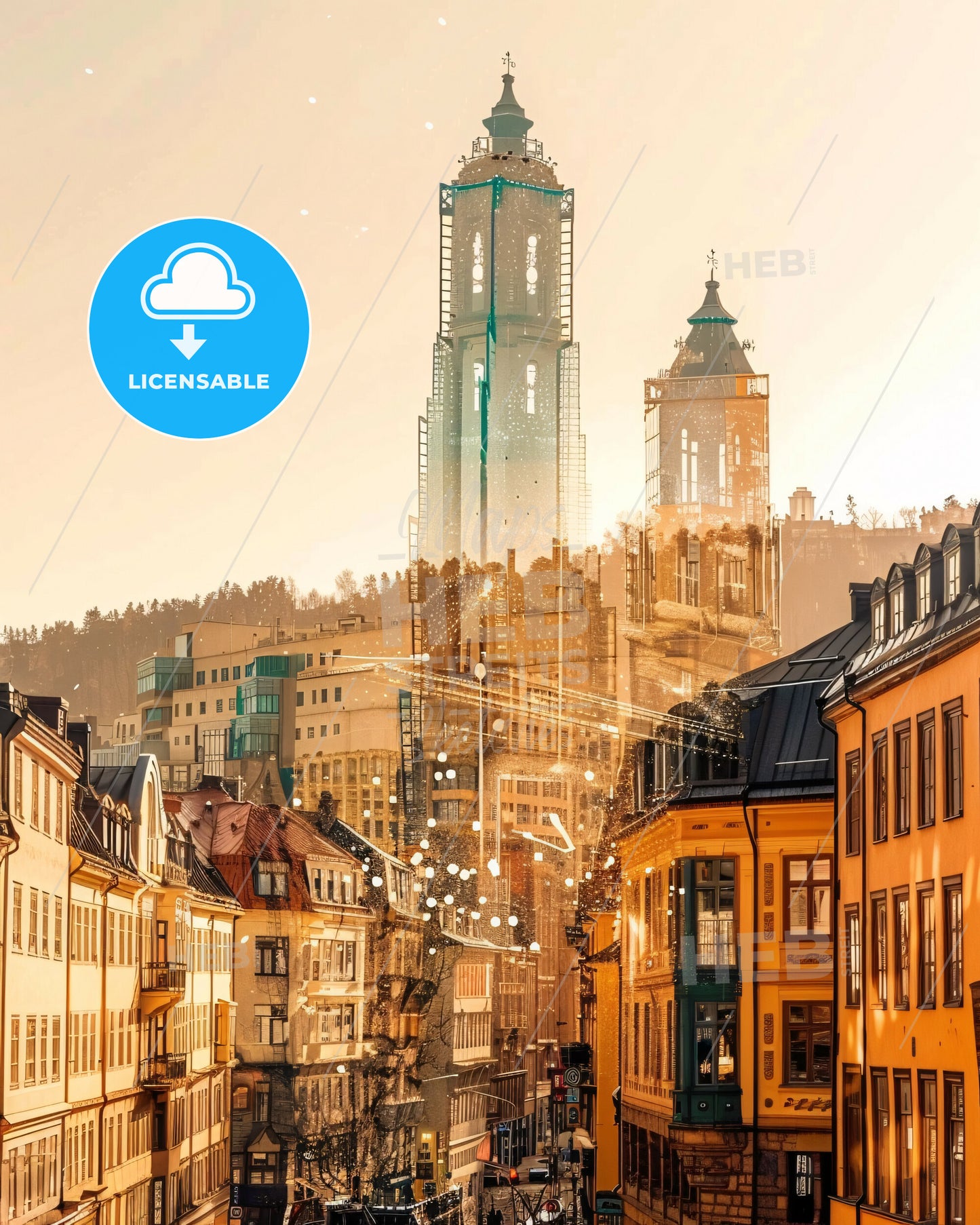 Gothenburg city shimmer dream poster - A city street with buildings and a tall tower