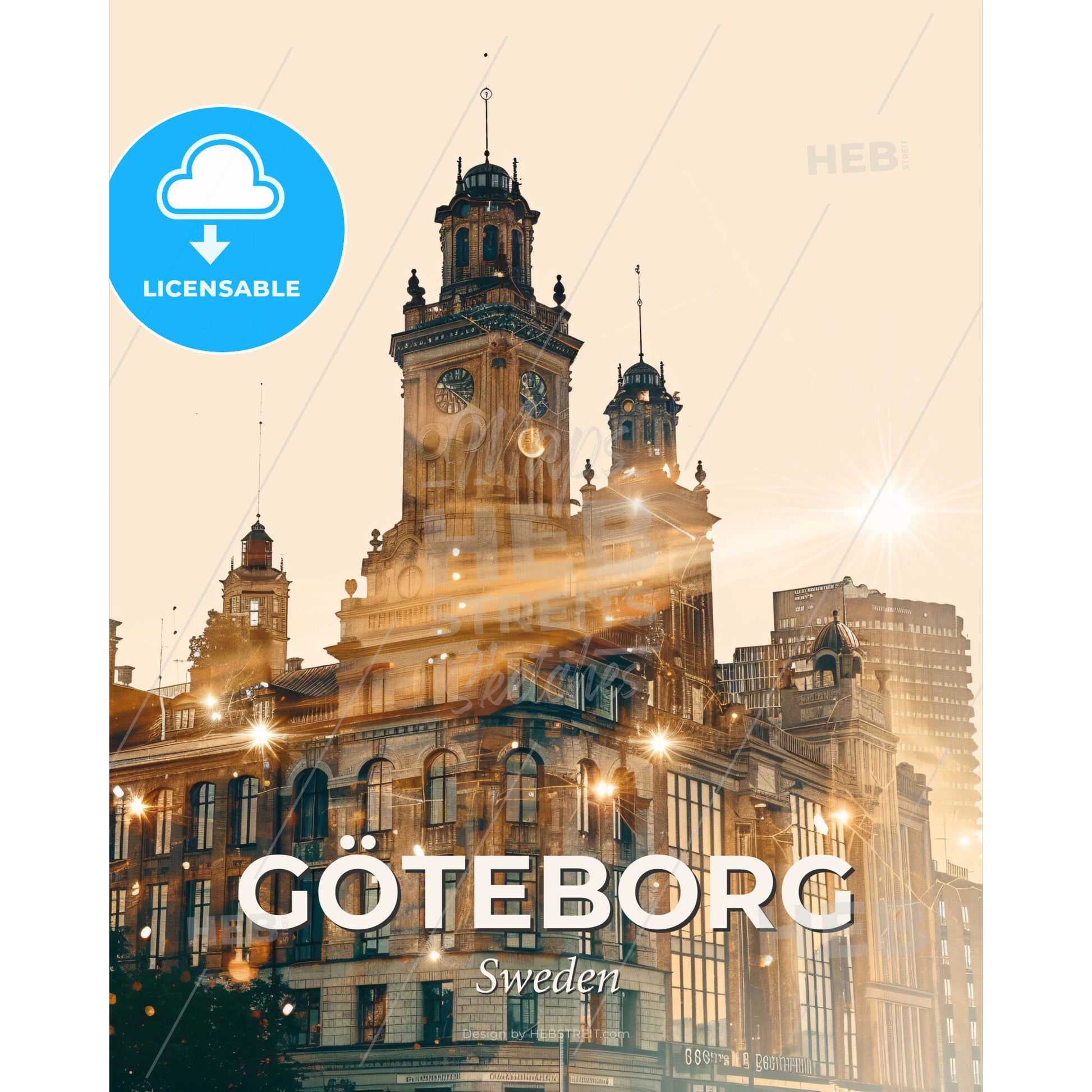 Gothenburg Cityscape Double Exposure Art Poster - A building with a clock tower - Square format print template