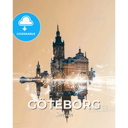 Gothenburg City Fusion Panorama Poster Design - A building with a tower and a tower on the water - Square format print template