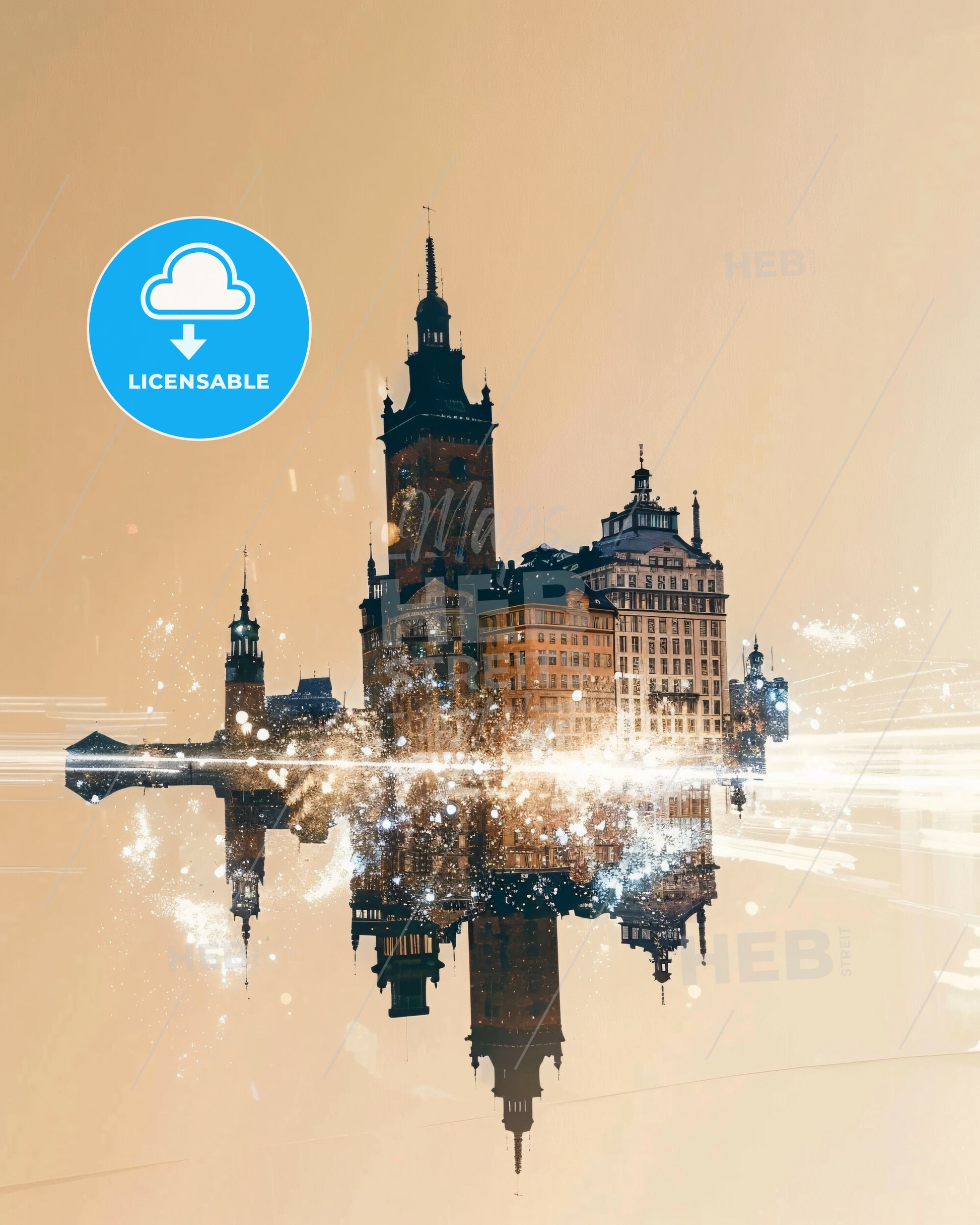 Gothenburg City Fusion Panorama Poster Design - A building with a tower and a tower on the water