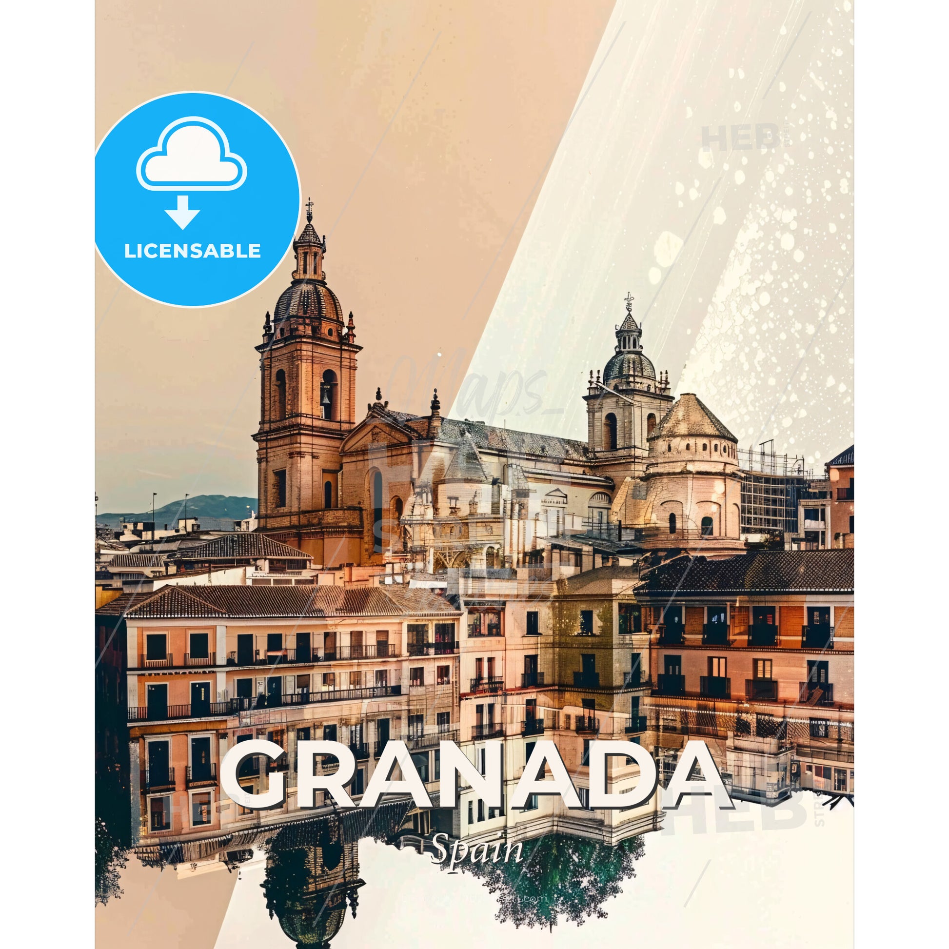 Granada Skyline Composite Art Poster - A city with a building and a reflection of it - Square format print template
