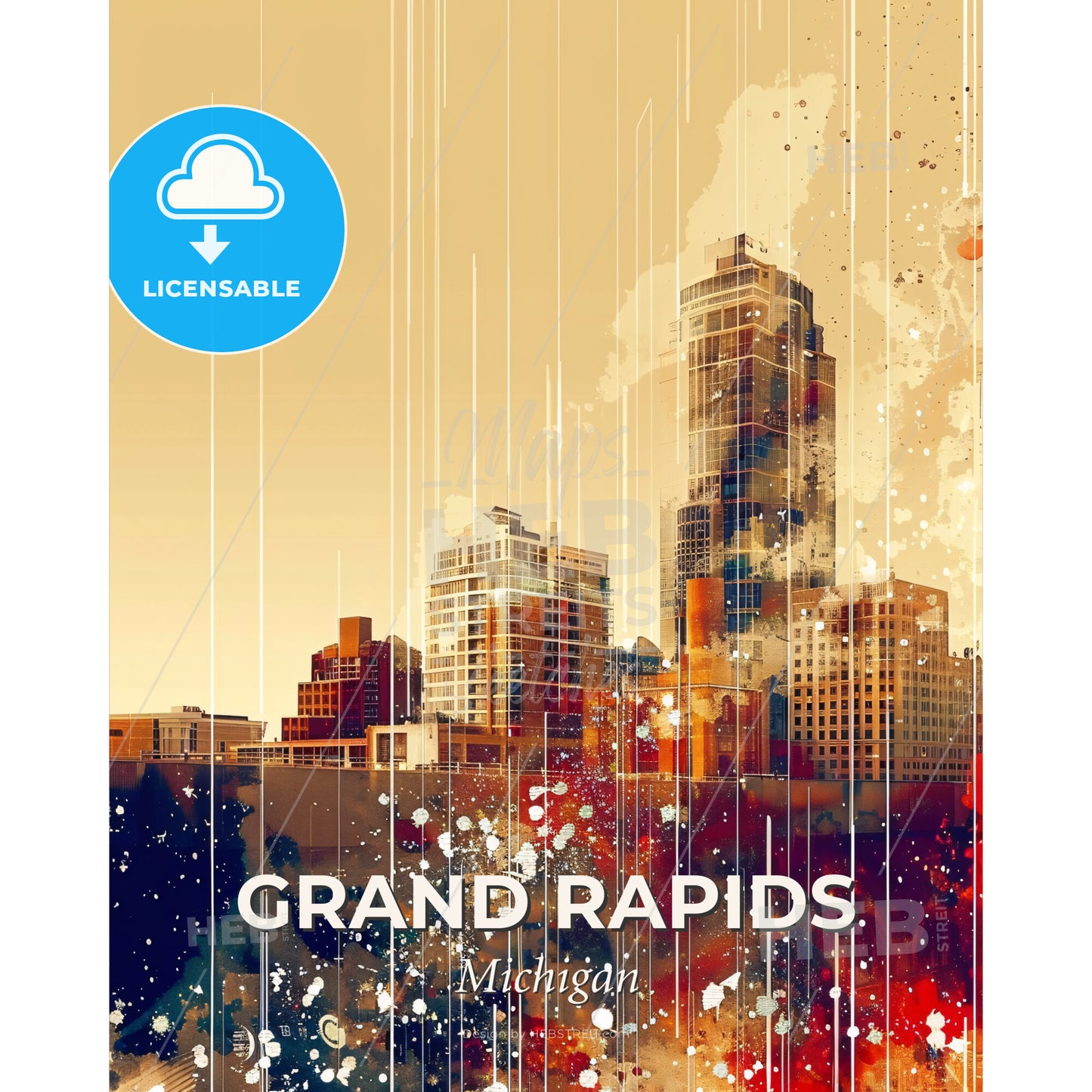 Grand Rapids Skyline Double Exposure Icon Art - A city skyline with splattered paint - Square format print template
