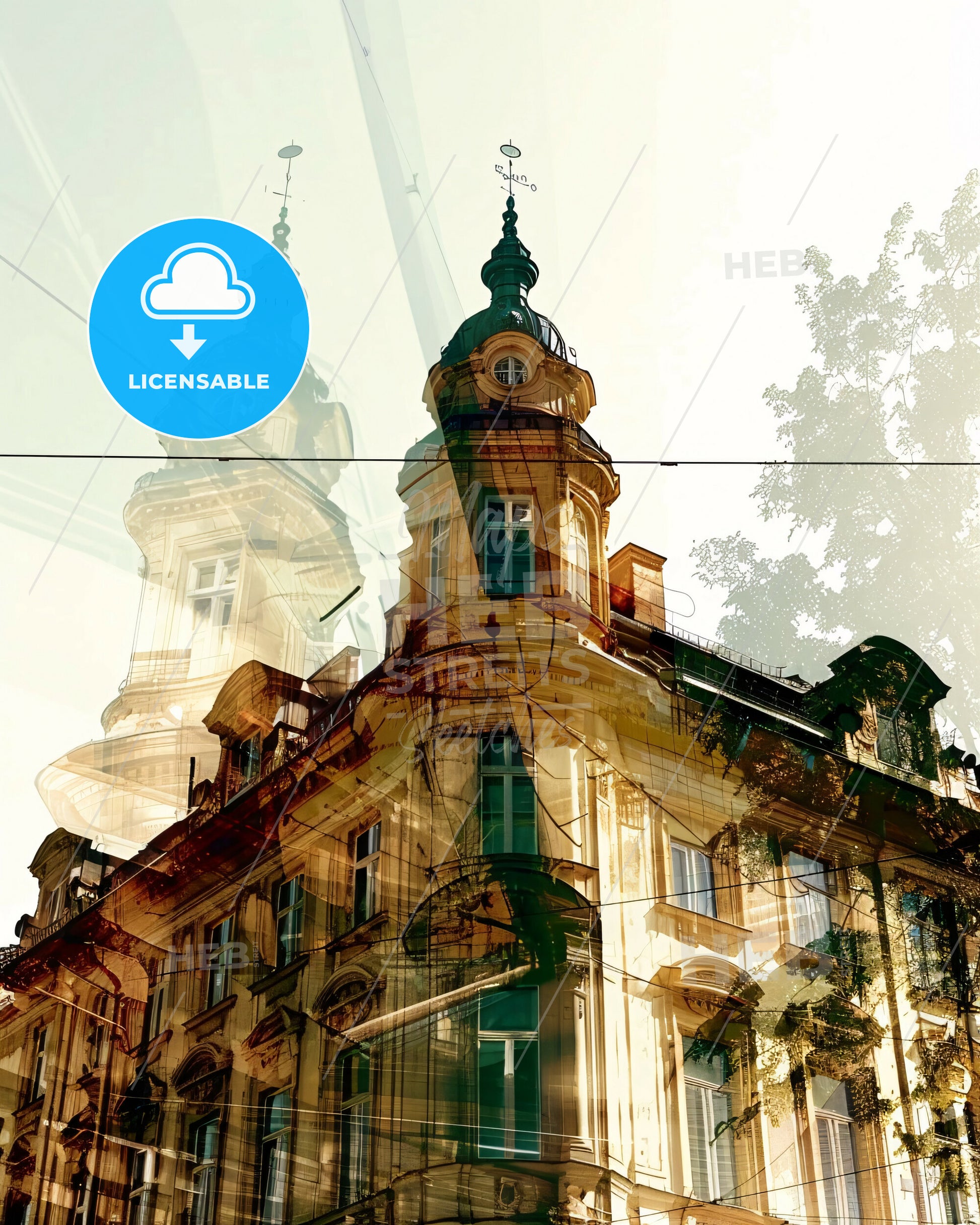 Graz Skyline Double Exposure Composite Art Print - A building with a clock tower
