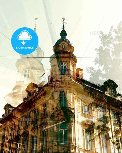 Graz Skyline Double Exposure Composite Art Print - A building with a clock tower