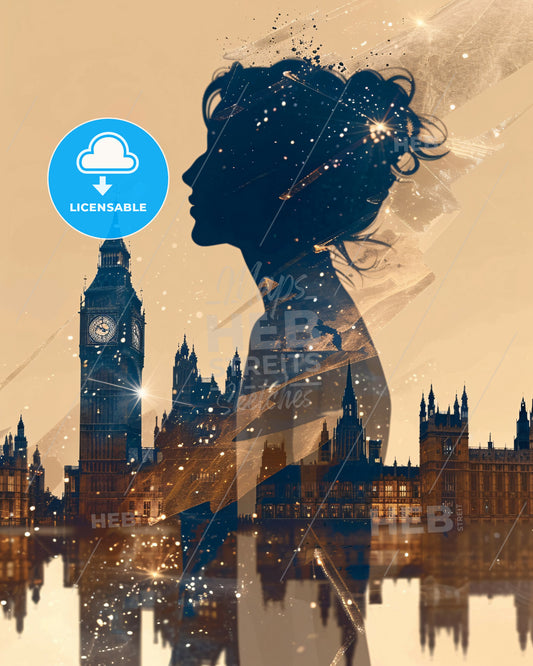 Great Britain Skyline Inspired Double Exposure Art - A silhouette of a woman and a city