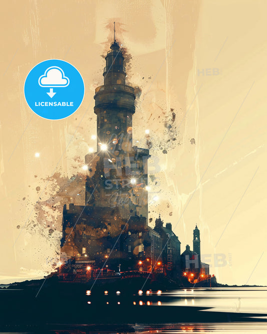 Great Island Ireland Skyline Panorama Double Exposure - A watercolor painting of a lighthouse