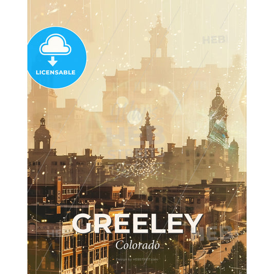 Greeley Skyline Composite Art: Beige and Sparkle - A city with many buildings and a river - Square format print template