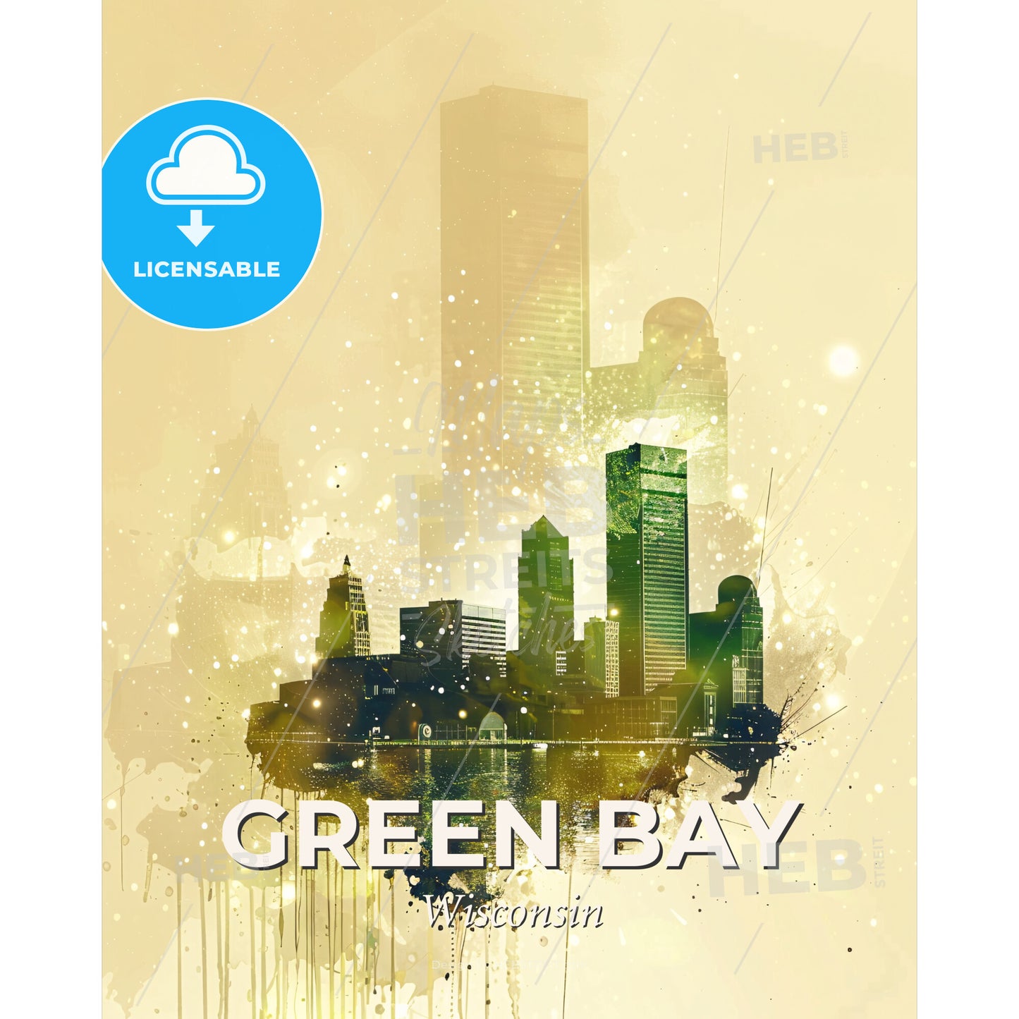 Green Bay Skyline Composite Art Poster - A city skyline with splattered paint - Square format print template