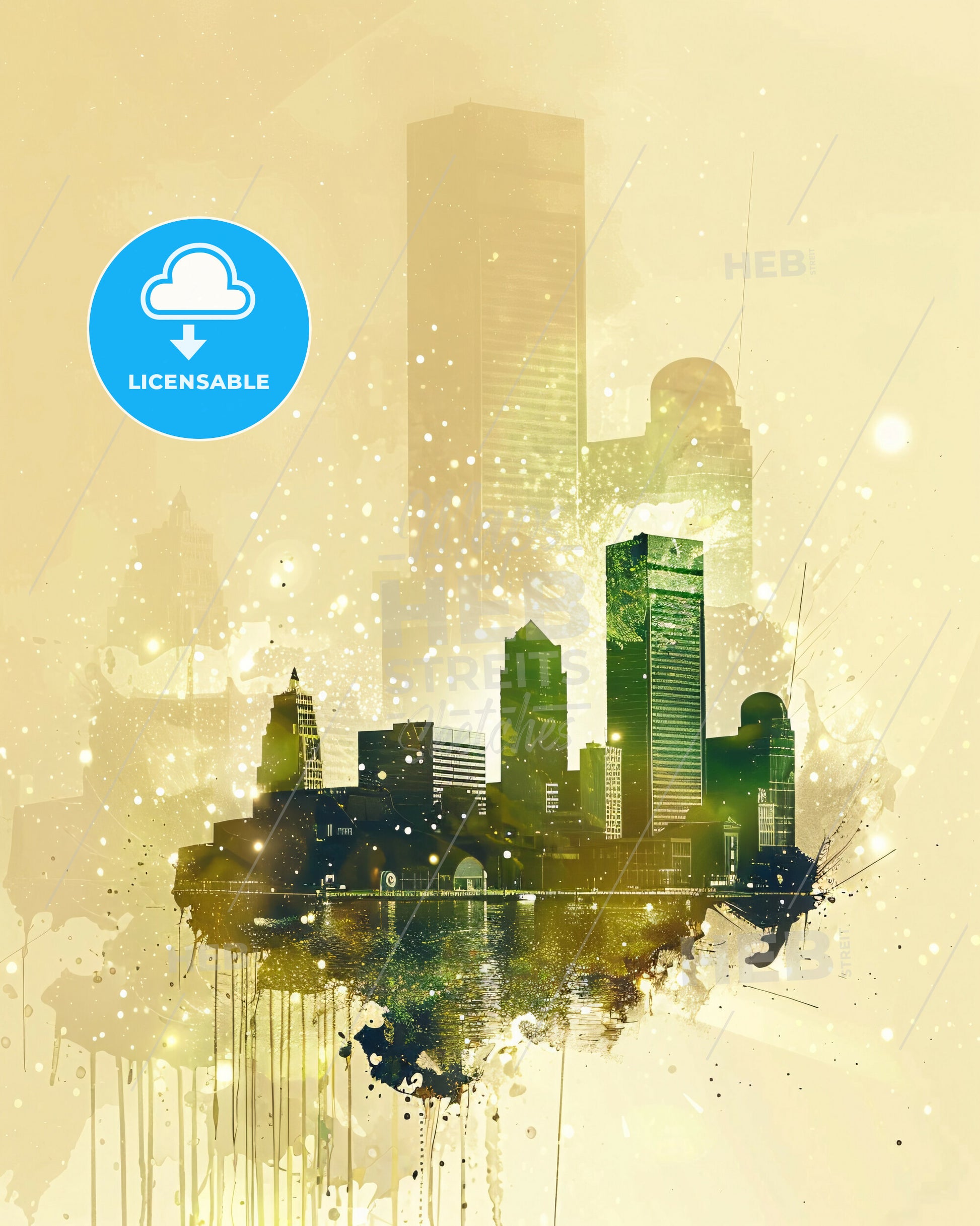 Green Bay Skyline Composite Art Poster - A city skyline with splattered paint