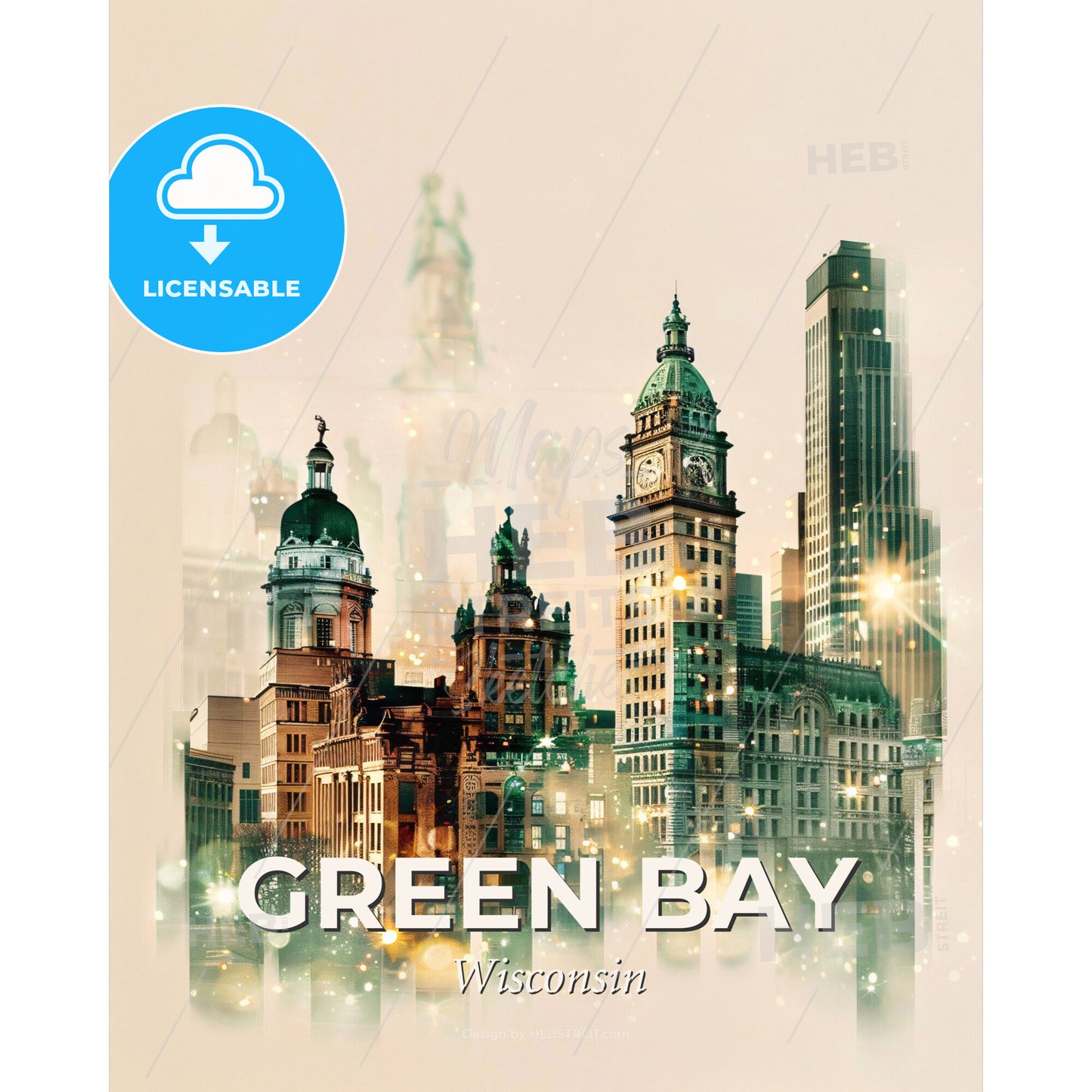 Green Bay: City Skyline Double Exposure Art - Rosenborg Castle with many tall buildings - Square format print template