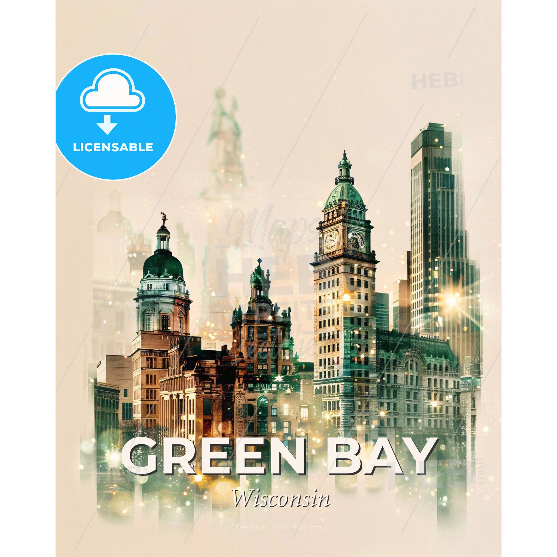Green Bay: City Skyline Double Exposure Art - Rosenborg Castle with many tall buildings - Square format print template