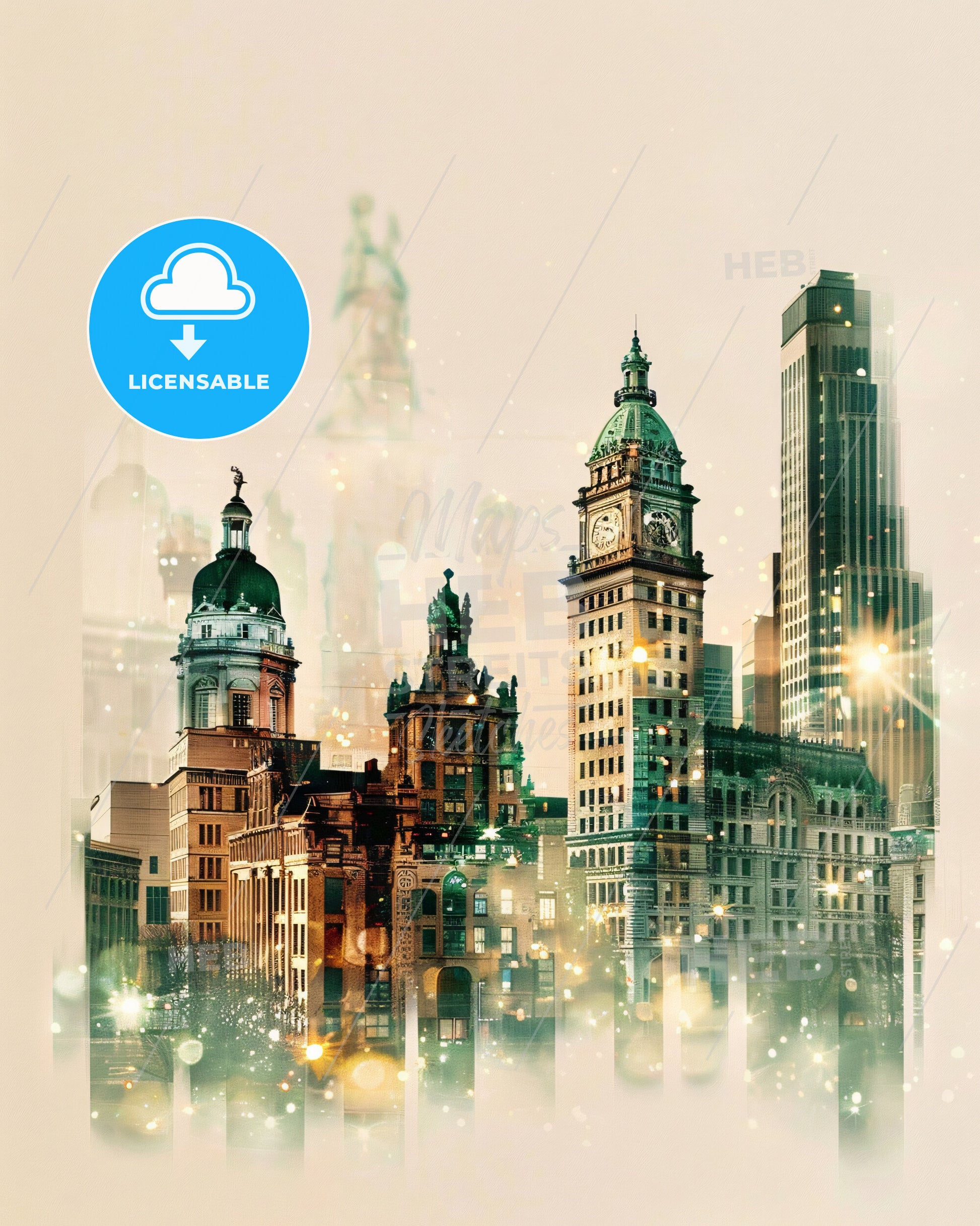 Green Bay: City Skyline Double Exposure Art - Rosenborg Castle with many tall buildings