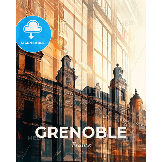 Grenoble Silhouette Cityscape Minimalist Poster Art - A building with many windows - Square format print template