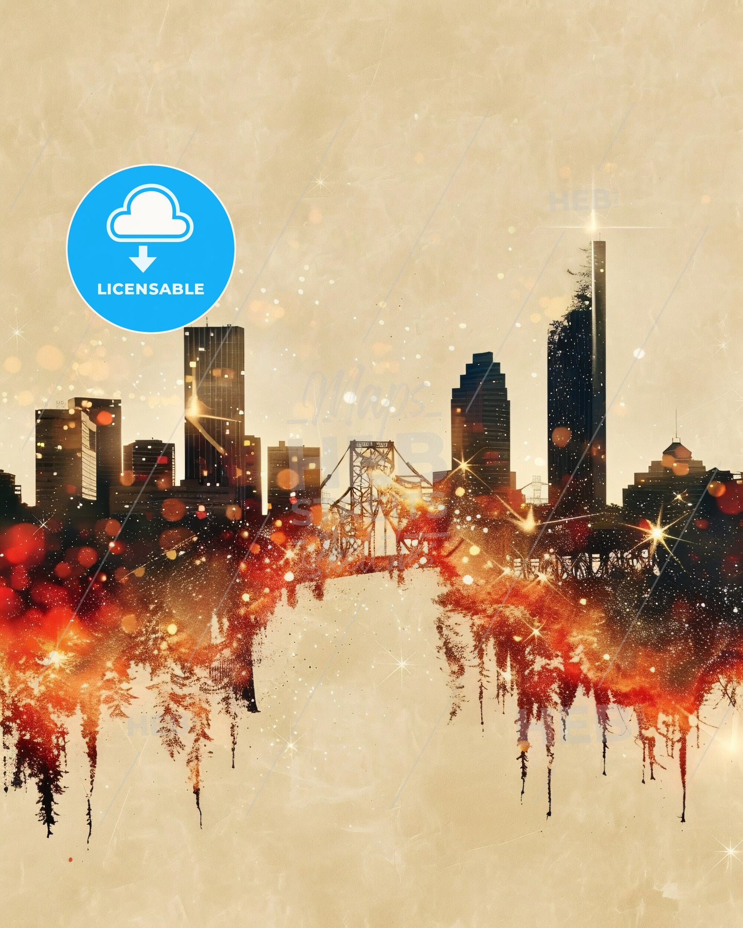 Gresham City Skyline Double Exposure Art Poster - A city skyline with lights and stars