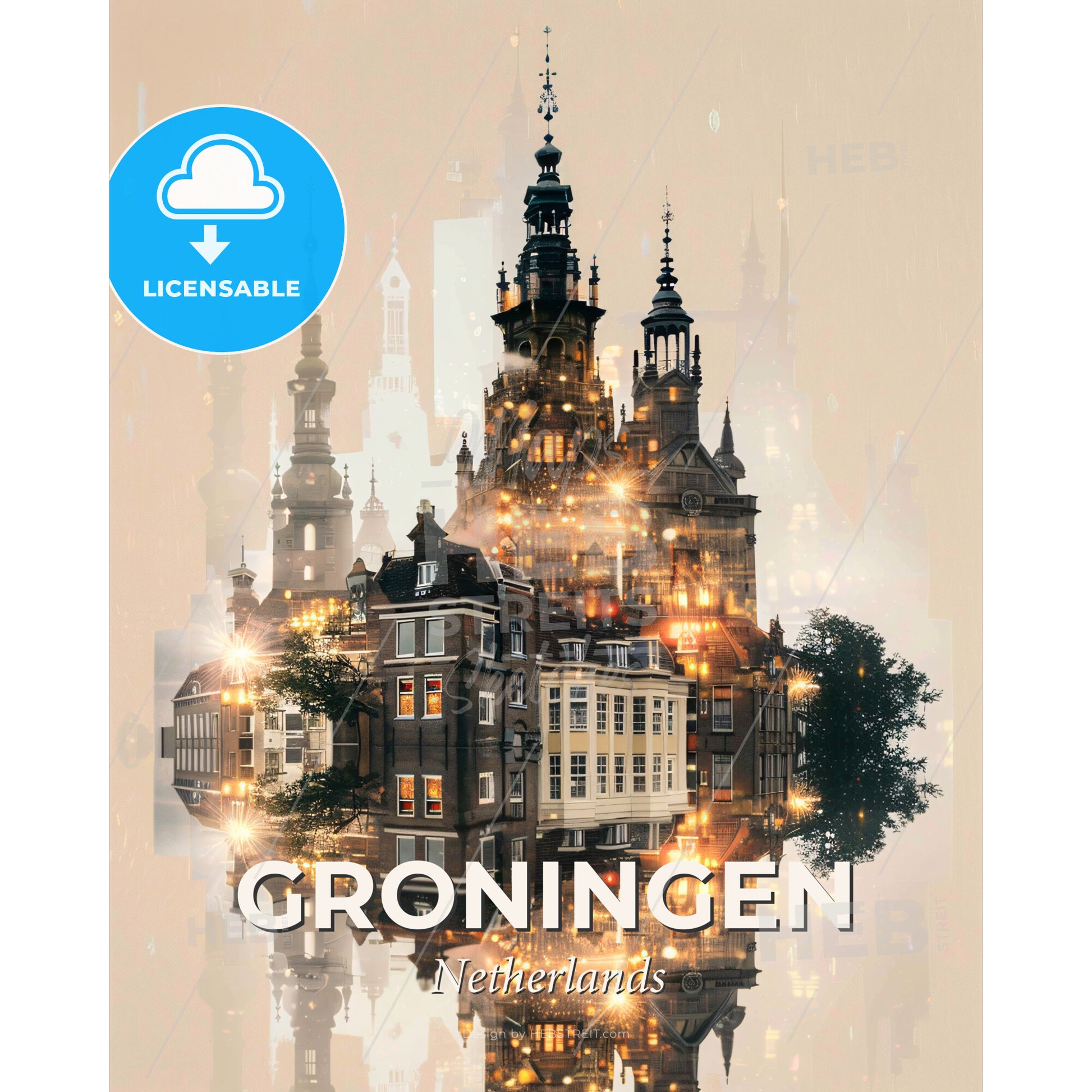 Groningen City Skyline Double Exposure Art - A building with towers and towers and a tree - Square format print template