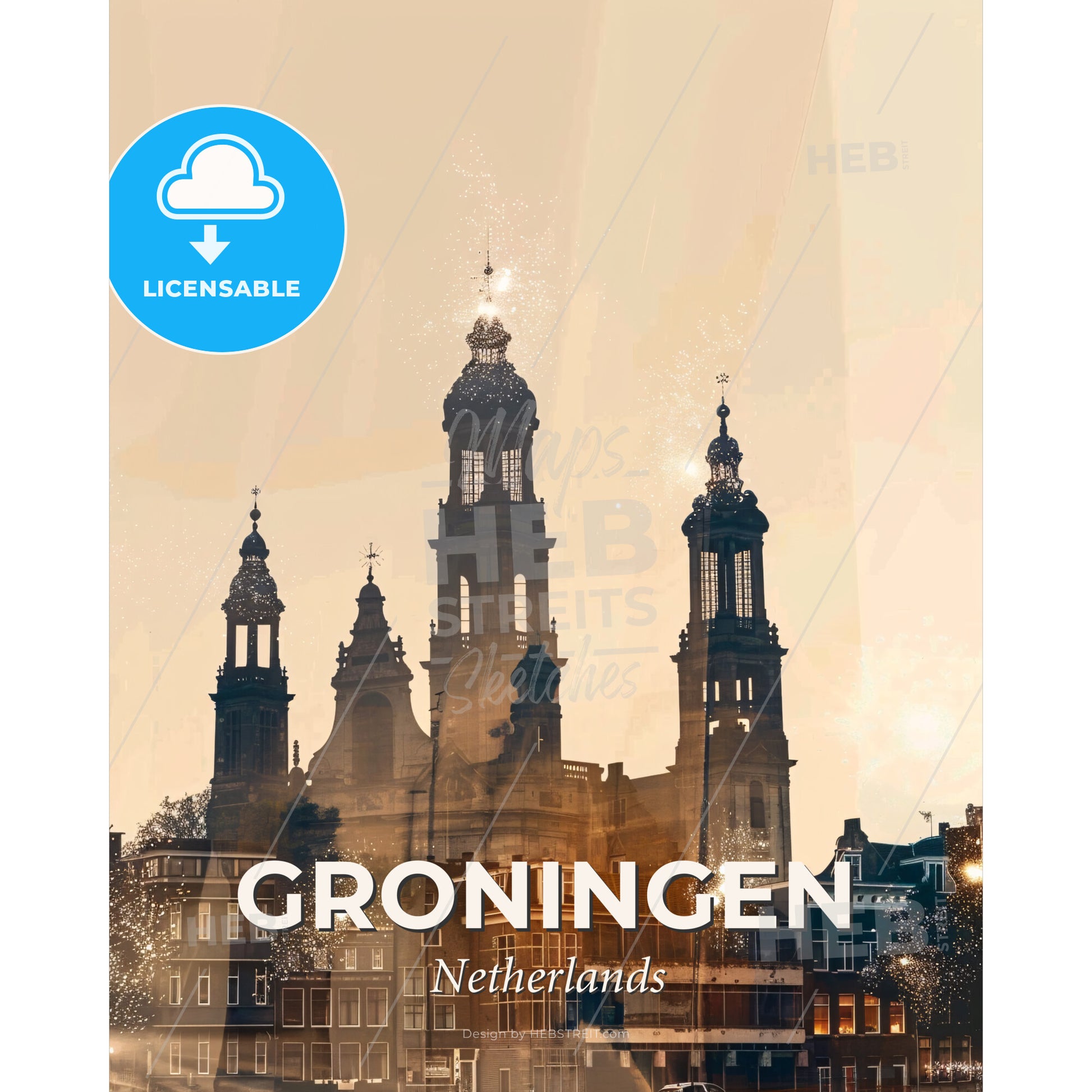 Groningen: City Lights Double Exposure Sparkle Poster - A building with towers and lights - Square format print template