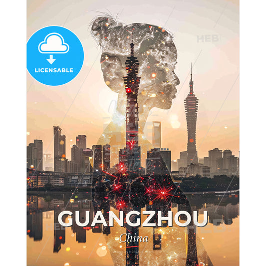 Guangzhou Skyline Composite Art, Local Icons, Bright Beige - A double exposure of a woman and a city - Square format print template