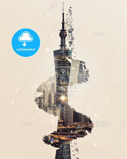 Guangzhou Skyline Double Exposure Poster Art - A double exposure of a city