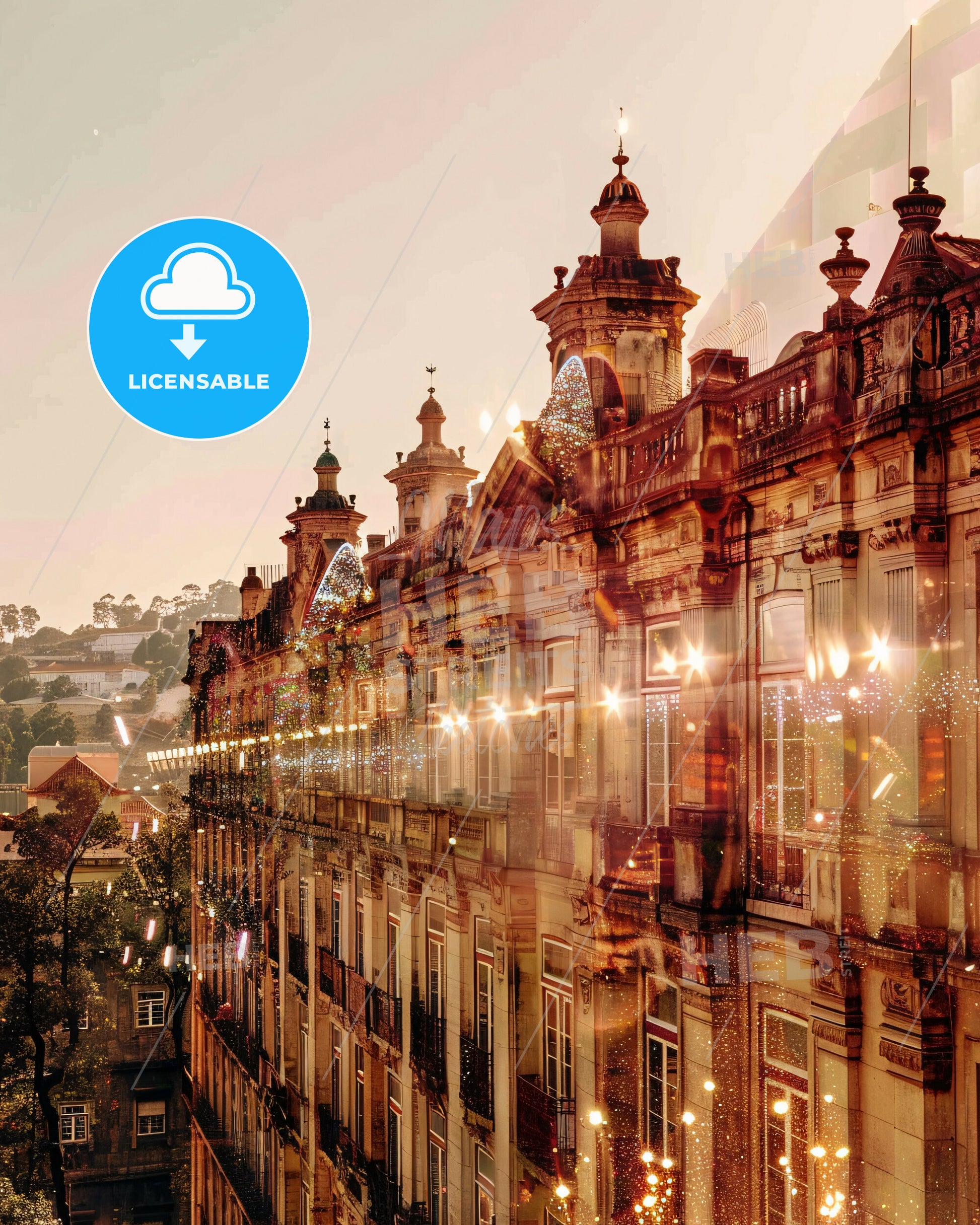 Guarda Portugal Double Exposure Skyline Poster - A building with lights on top